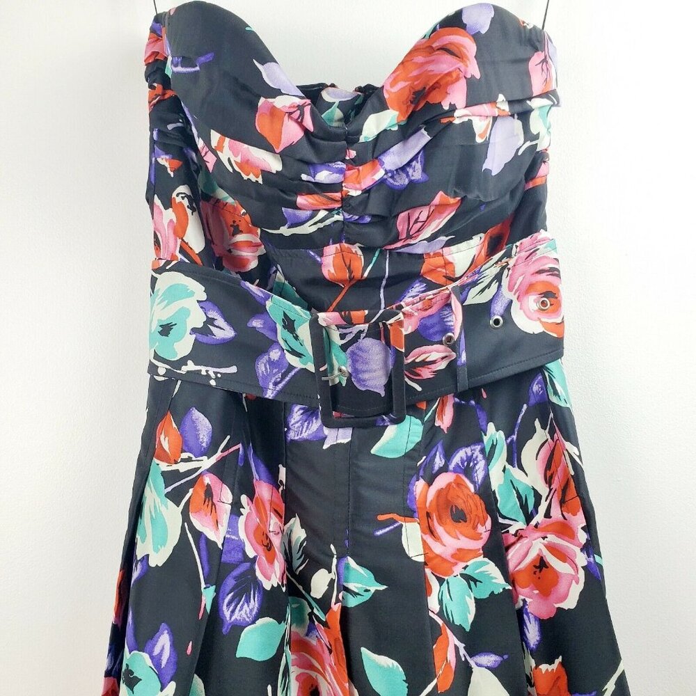 Express Women's Silk Dress Black Strapless Floral Belted Fit Flare Sz 6 NWOT - Picture 2 of 8